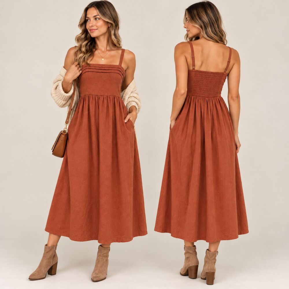 Joie Terracotta Linen Blend Midi Dress Size 2 Smocked Back Strapless A-Line